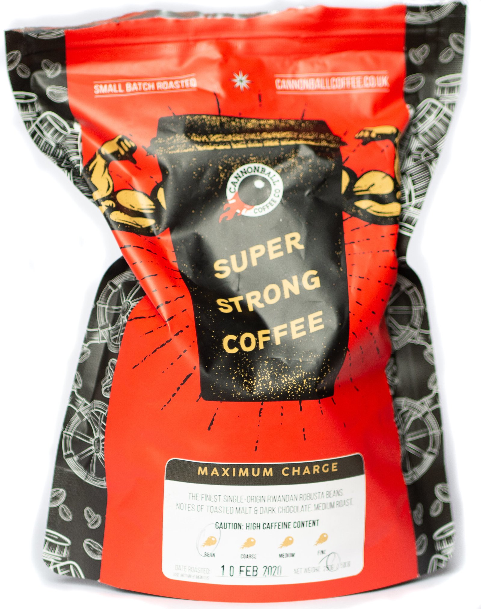 A red and black bag of Cannonball Coffee Maximum Charge super strong coffee