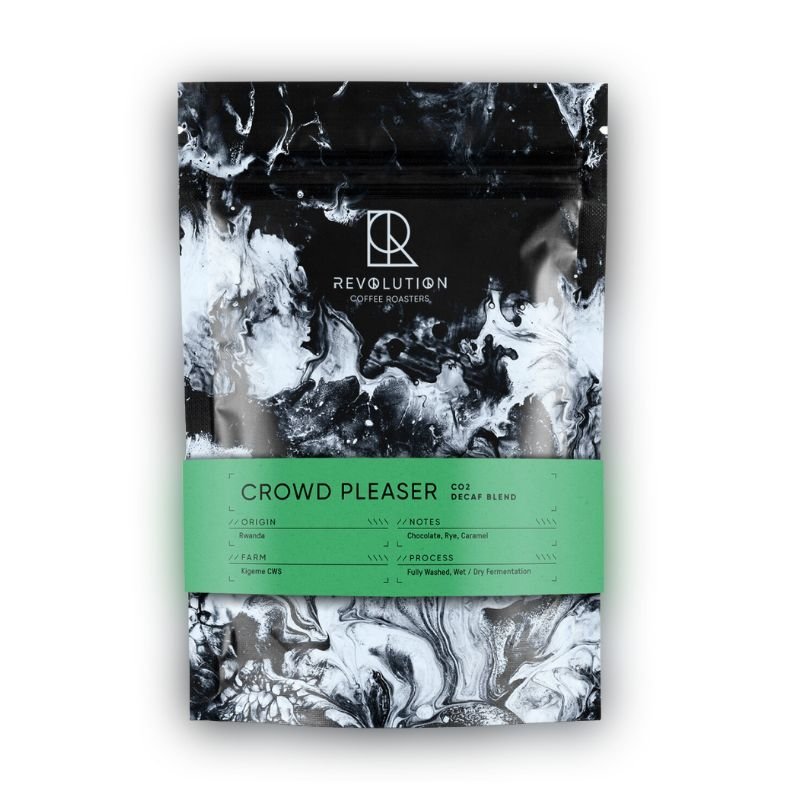 A black and white marbled bag of Crowd Pleaser decaf from Revolution Coffee Roasters