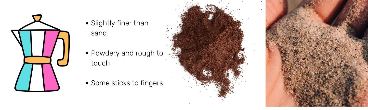 Moka pot grind size: slightly finer than sand and powdery to the touch