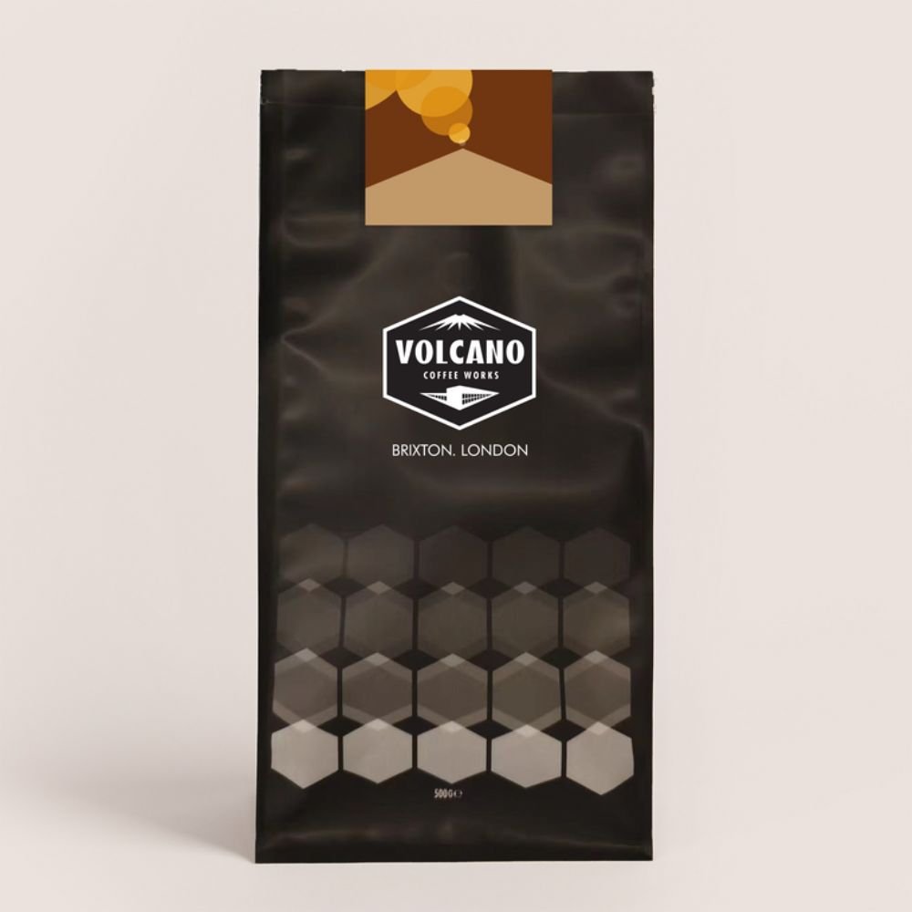 A bag of Volcano Coffee Works coffee, roasted in Brixton, London