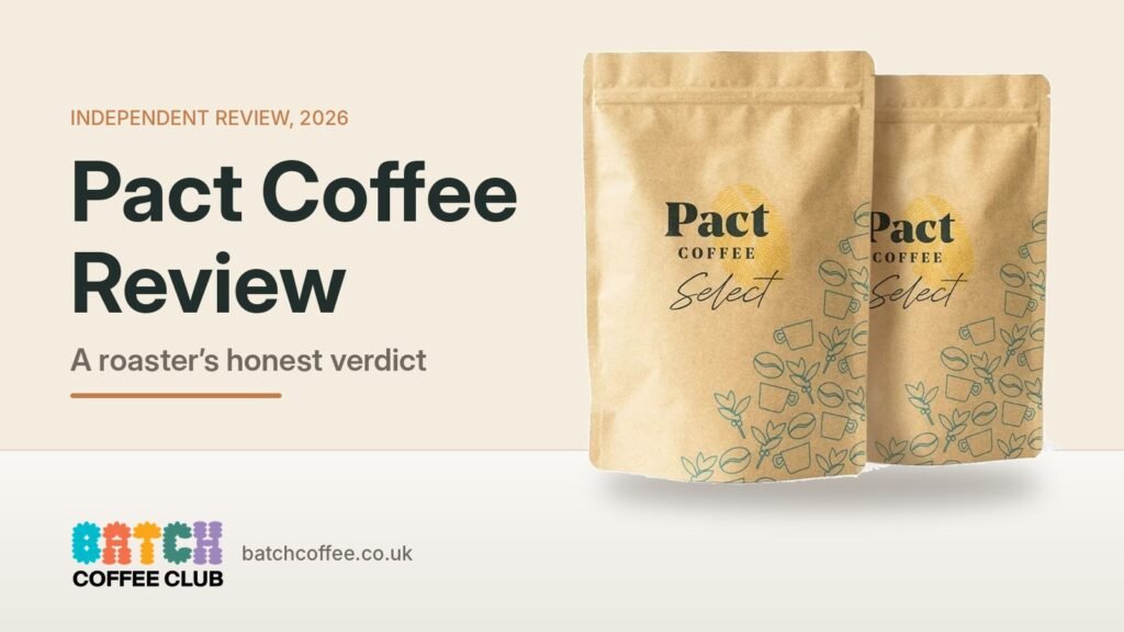 Pact Coffee Review 2026: A Roaster's Honest Verdict 1 Pact Coffee review header showing two kraft bags of Pact Select coffee next to the title Pact Coffee Review, a roaster's honest verdict