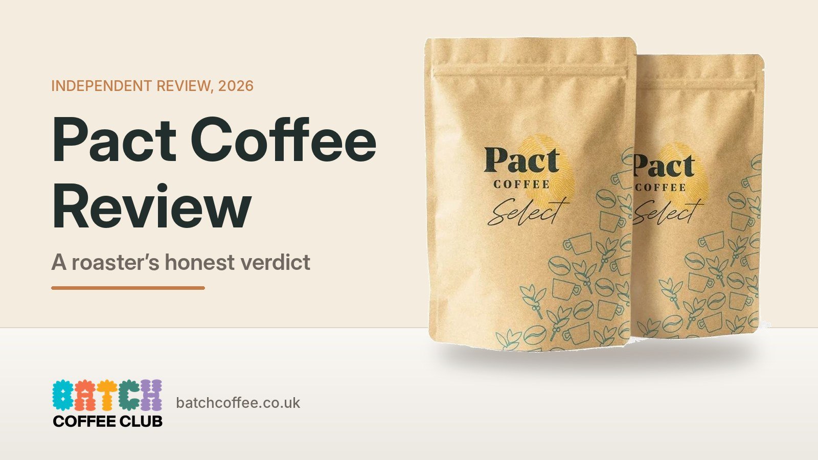 Pact Coffee review header showing two kraft bags of Pact Select coffee next to the title Pact Coffee Review, a roaster's honest verdict