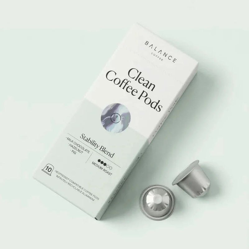 The Best Coffee Pod Subscriptions UK 2026 (Top 8) 11 A box of Balance Clean Coffee Pods in Stability Blend with two aluminium pods